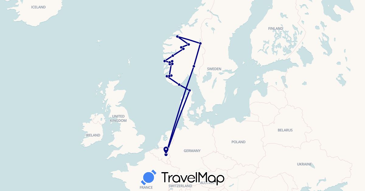 TravelMap itinerary: driving in Belgium, Denmark, Norway (Europe)